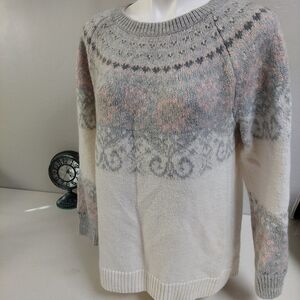 LOGG Cream Ribbed Scoop Neck‎ Sweater Size M Floral Hearts Wool Mohair Chunky